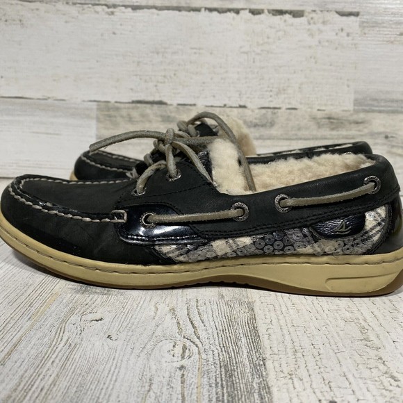 Sperry Top Sider Shoes Women's Sz 6 Black Leather Sheep Wool Lined Plaid Sequins - Picture 1 of 9